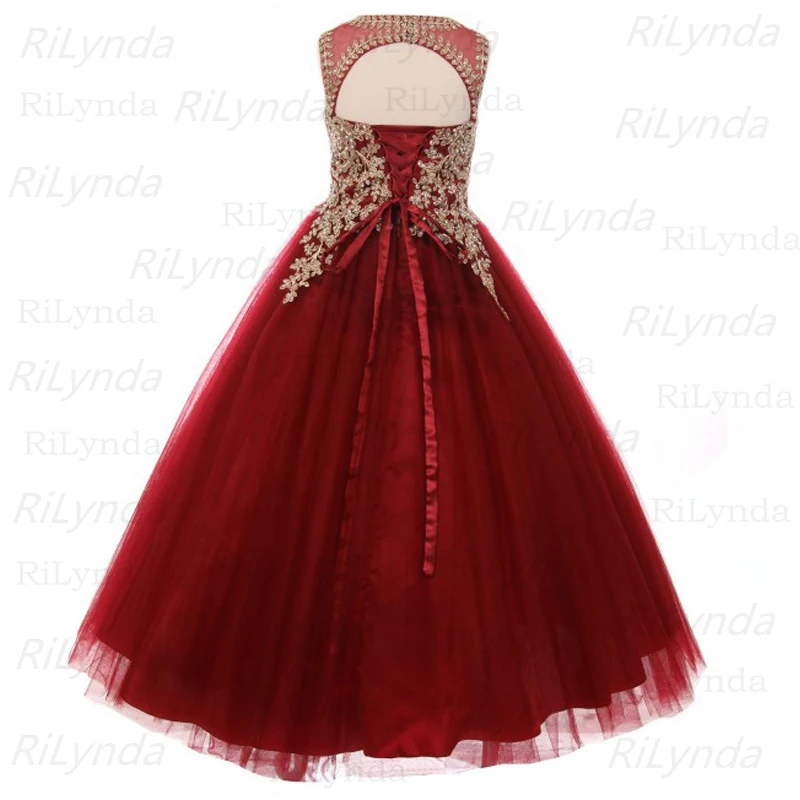 Baby Girls Flower Girl Dress Pageant Dress Gold Applique Kids Ball Gowns For Children Fancy Prom Party Dress For Girls Vestido