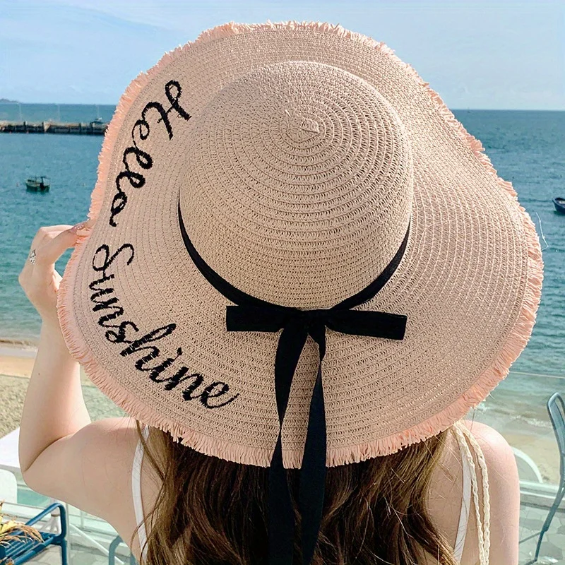 

Summer big edge embroidered sunscreen straw hat women's fashion simple letter bow streamer sun hat sweet sun hat