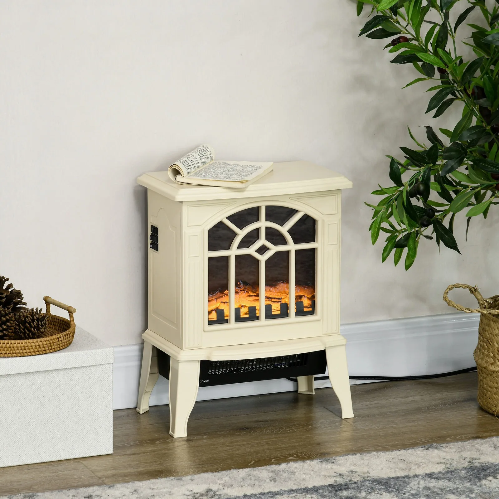 US Modern Portable Electric Fireplace Stove Heater with Realistic Flame, Cream