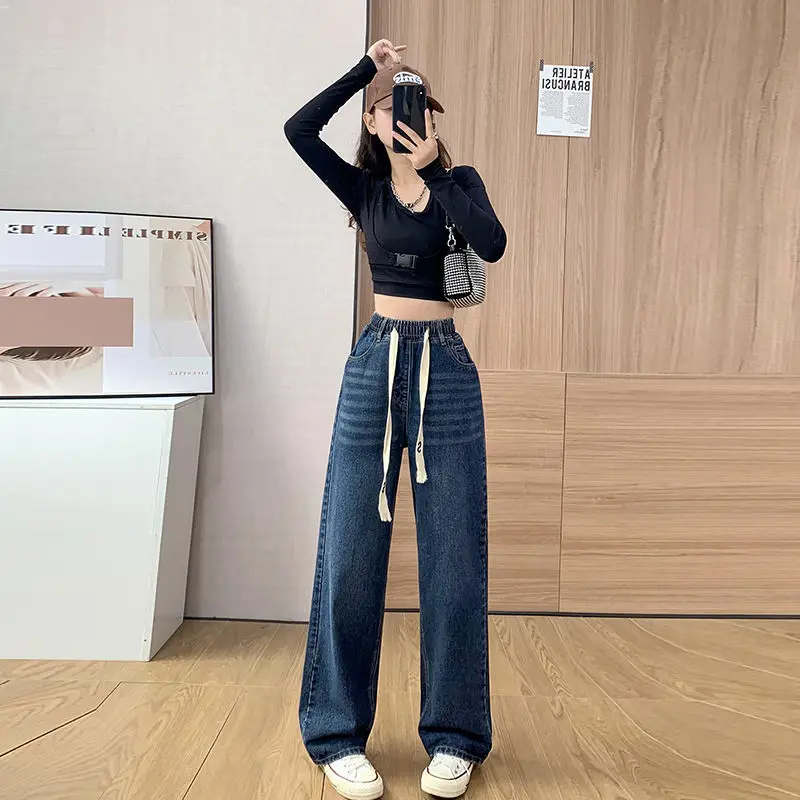 New 40.00 Kg-100.00 Kg Wearable Denim Trousers Women Thin Wide-Leg Straight Pants Loose Large Size High Waist Fashion Jeans