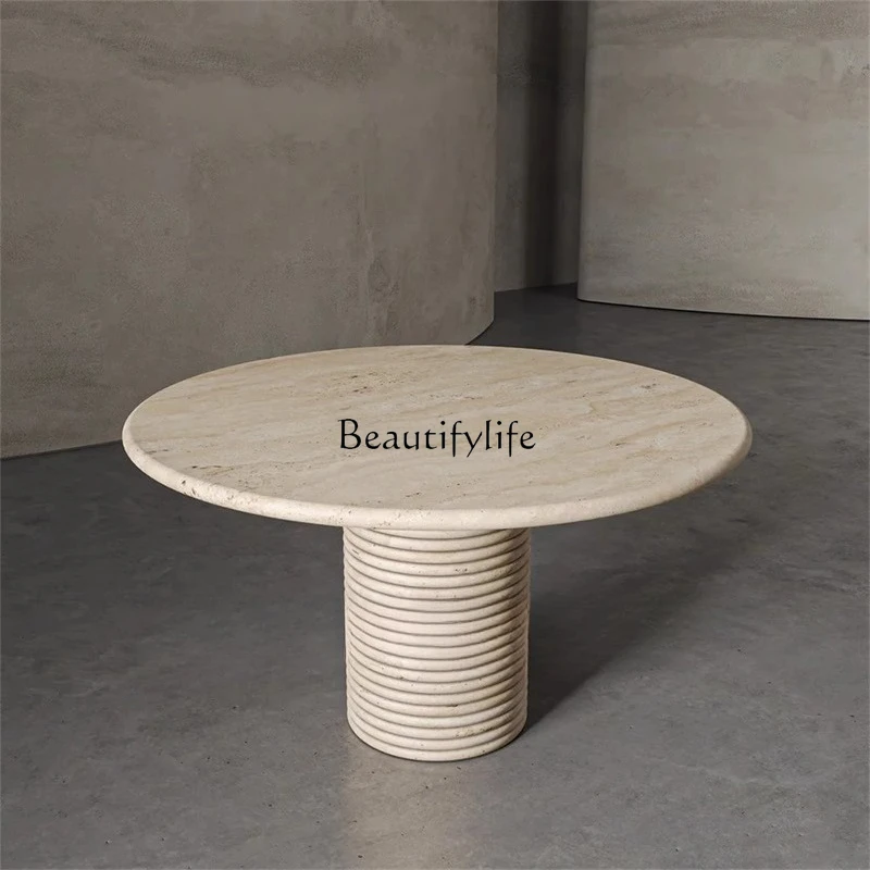 

jj French minimalist light luxury natural Roman travertine dining table high-end living room round