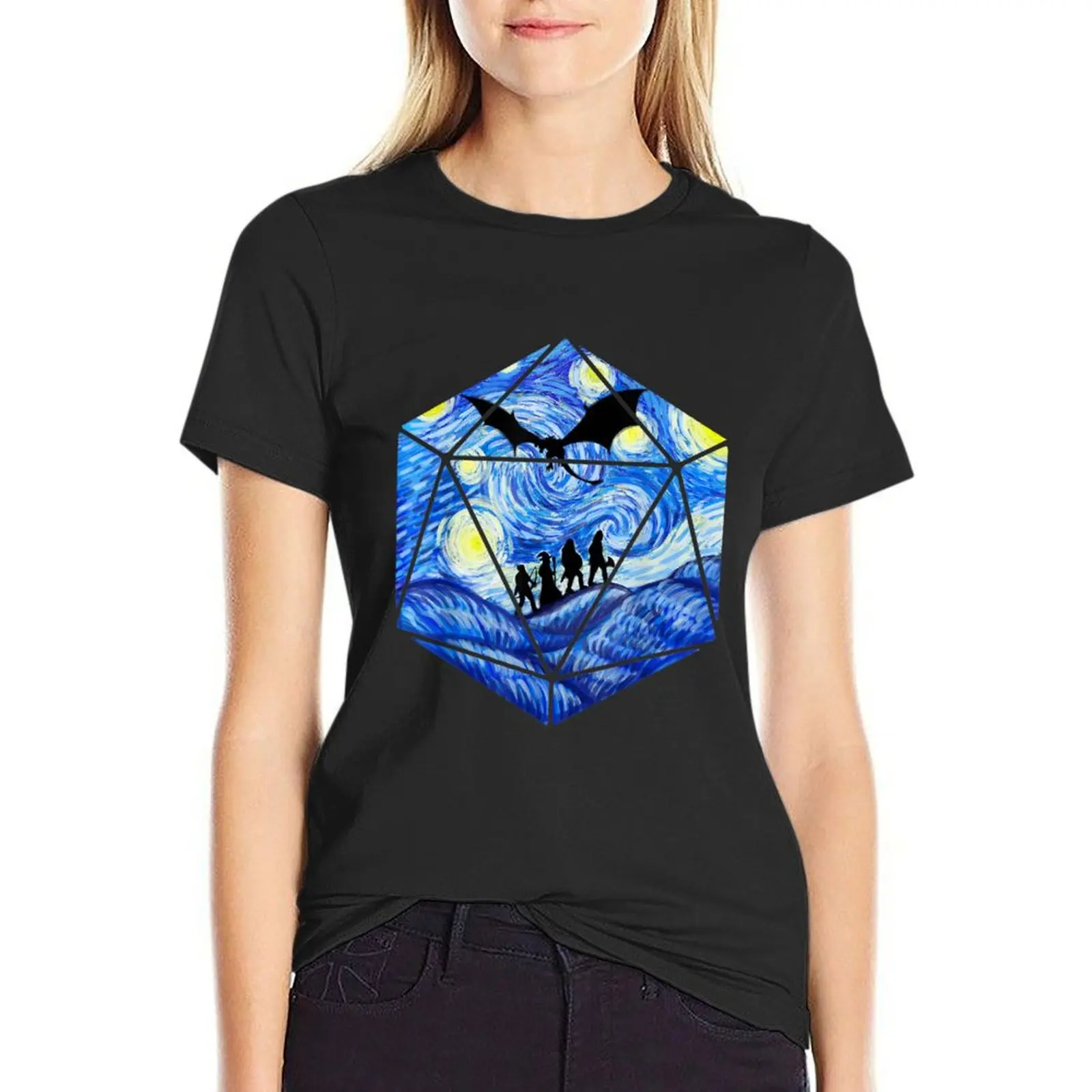 

D20 Dragon Tshirt, Starry Night D20 Tee, D20 Dice Art T-Shirt hippie clothes oversized western t shirts for Women