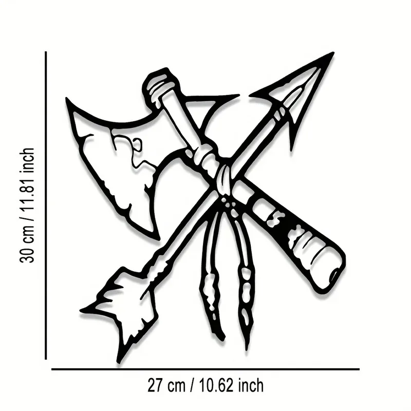 لوحة فنية جدارية قبلية مزورة يدويًا - منحوتة معدنية لفأس المحارب الأمريكي الأصلي والسهم - ديكور جنوب غرب ريفي للمقصورة