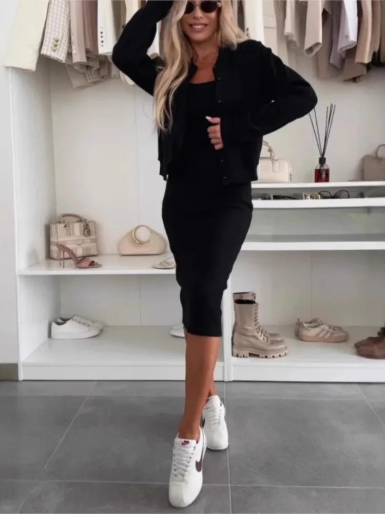 Summer Clean Fit Comfortable Casual Suspender Dress Set Fashion Cardigan Jacket Top Slim Long Skirt Two-piece Sets Women Suits image 5
