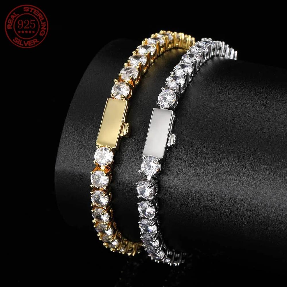 S925 Silver 18K gold plated Hip Hop Jewelry 1 Row Iced Out Tennis Chain Bling CZ Men Diamond Cubic Zirconia Choker Bracelet