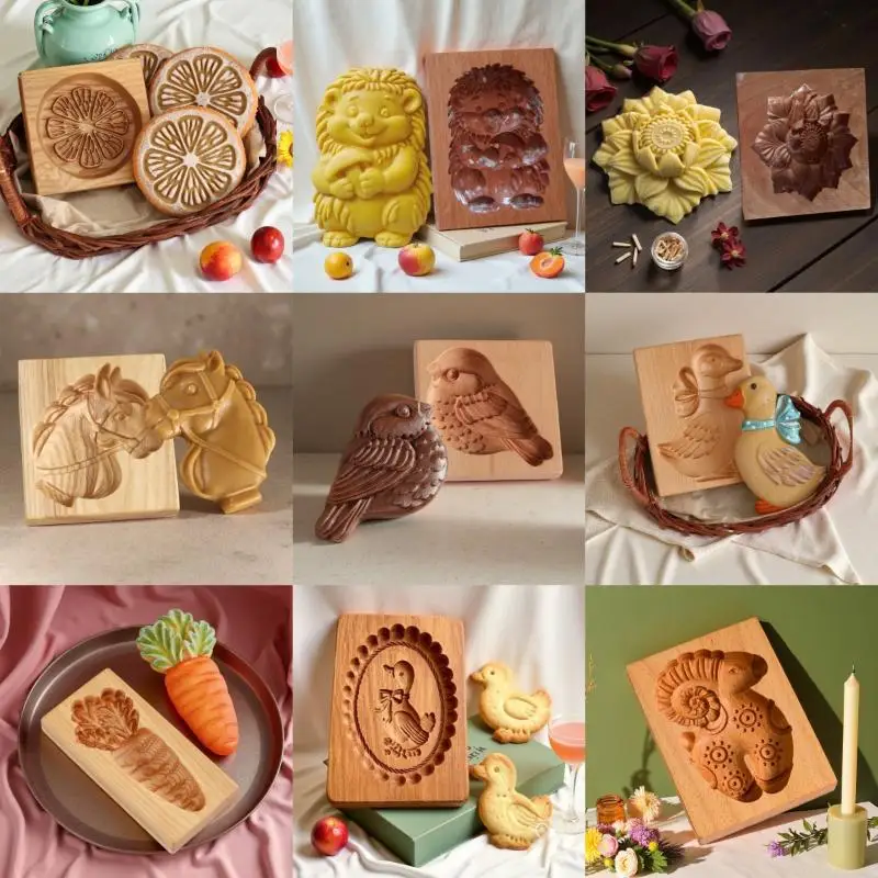 Wooden Cookie Molds With Animals Patterns, 3d Diy Carved Embossed Biscuit Cutter Moulds, Bird, Goose, Horse, Hedgehog