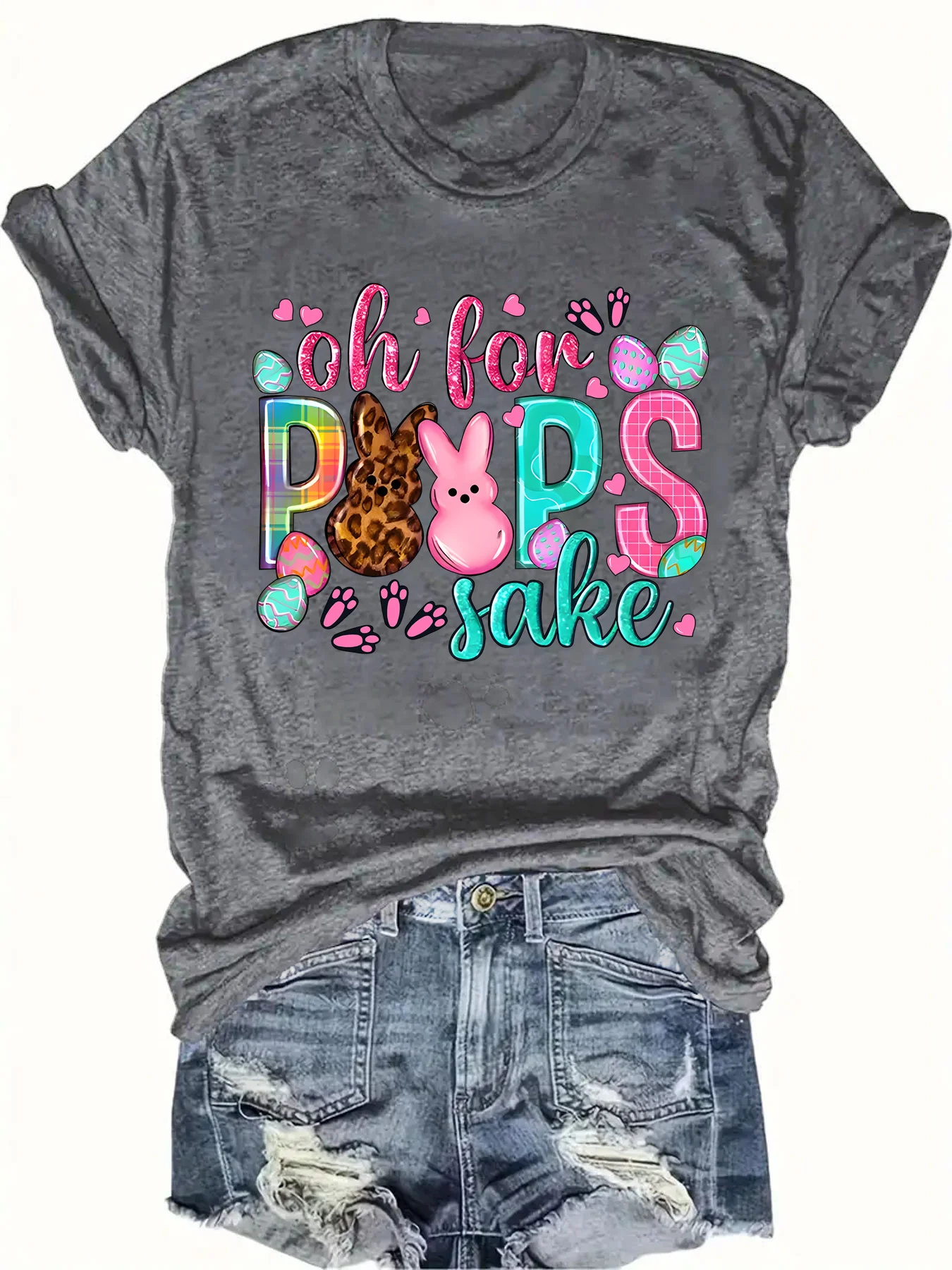 Oh For Peeps Sake Women's Tee - Cute Easter Bunny Graphic Grey Top