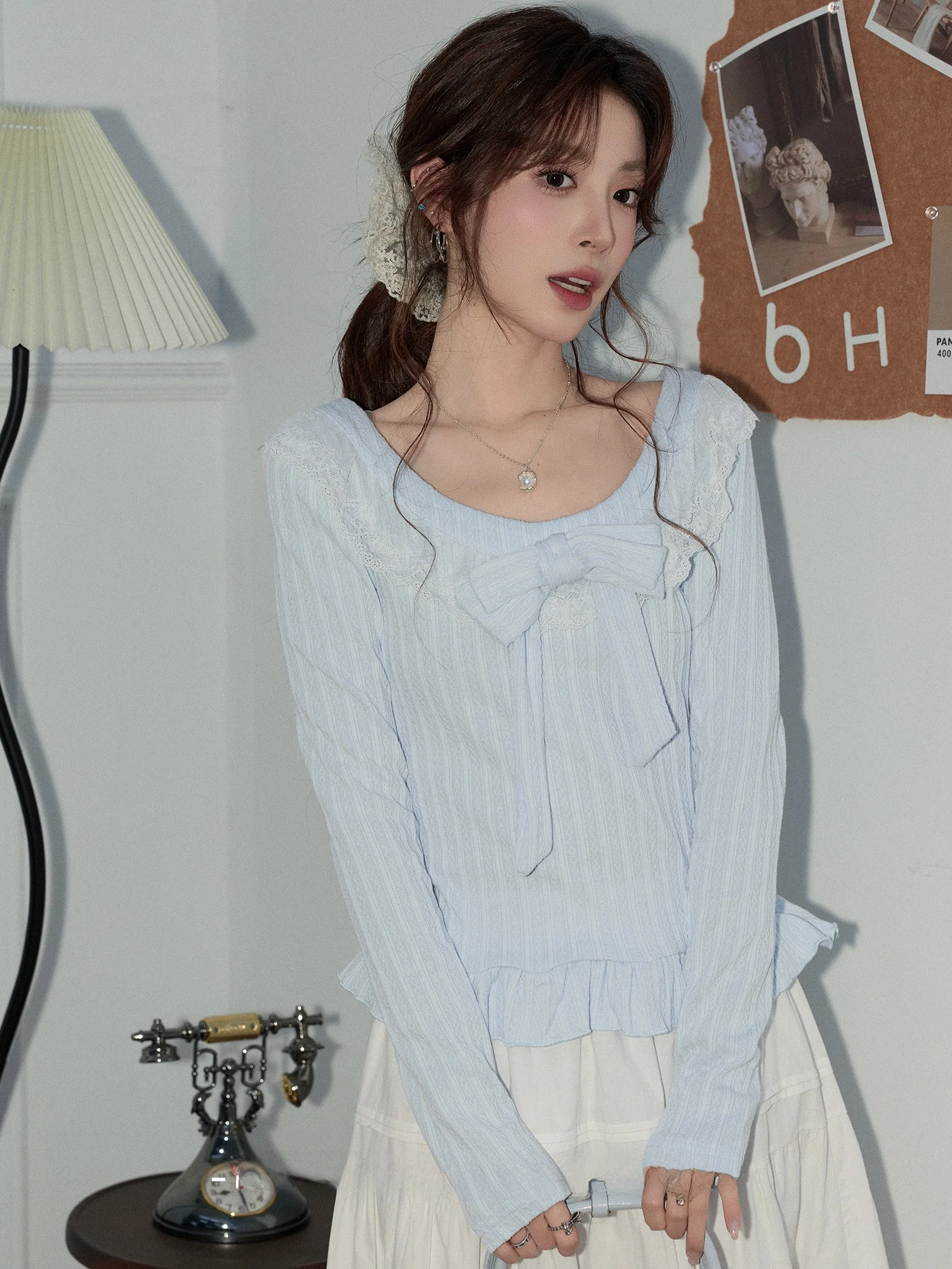 

Blue Long Sve Knitted Top Women's Spring New Sle Knot Lace Gentle Top Soft French Sle Loose Fit Breathable