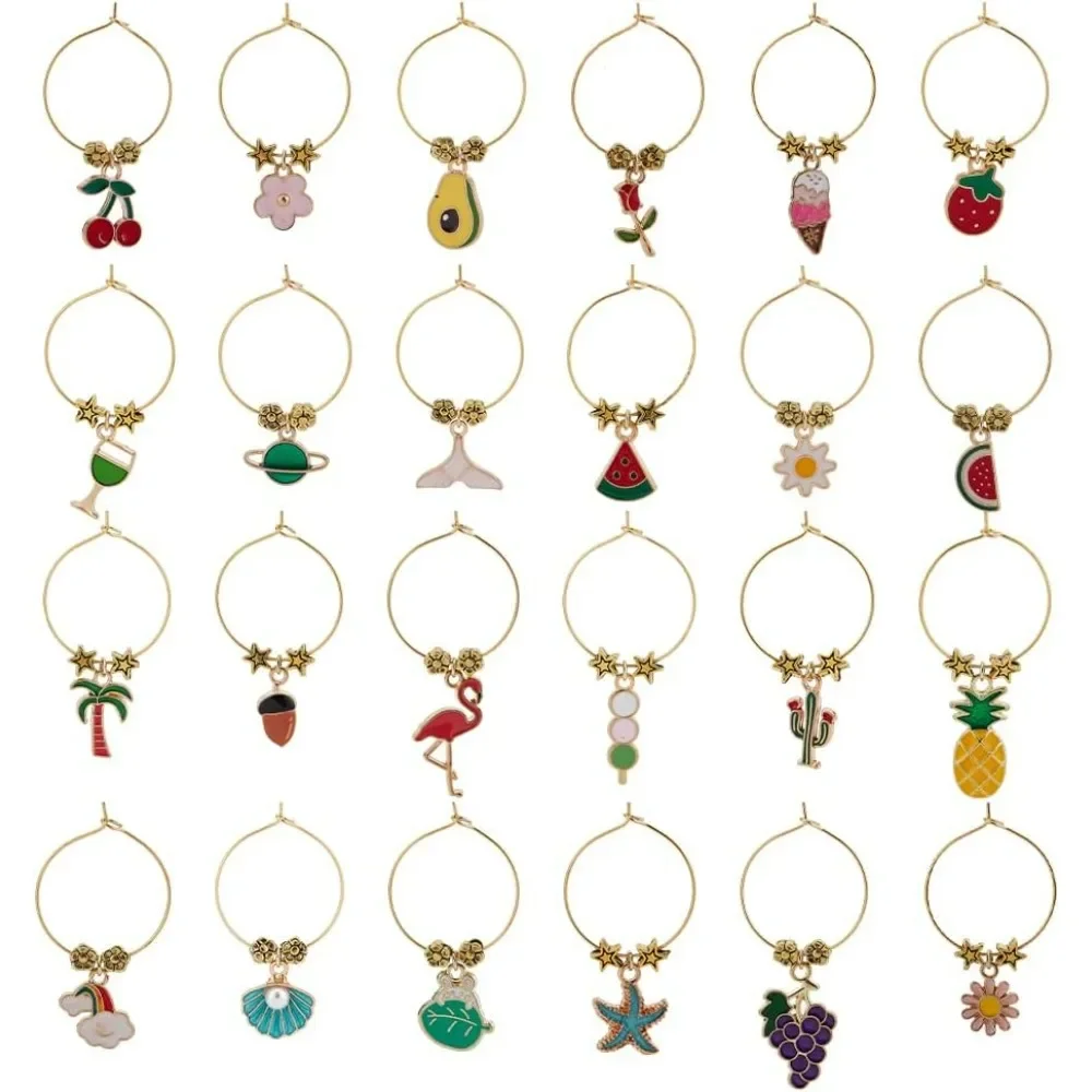 24 Style Summer Theme Wine Glass Charms Flower Fruit Goblet Drink Markers Tags with Hoop Rings and Beads for Cocktail