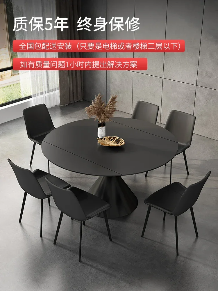 Black slate dining table variable round table, modern simple household small house, square circle dual-purpose rotating telescop