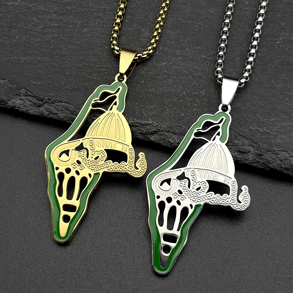 Arabic Islamic Palestine Map Al Aqsa Mosque Dome Pendant Necklace for Women Men Stainless Steel Enamel Gold Color Chain Jewelry