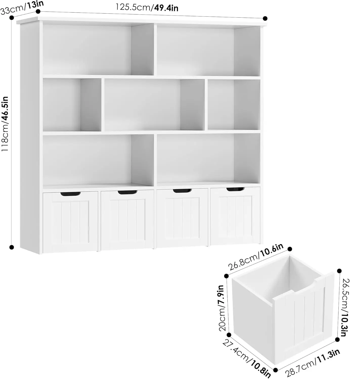 大きなおもちゃオーガナイザーと収納、4つの可動引き出しと7つの収納キュービー、隠しホイール付きおもちゃチェストシェルフオーガナイザー、子供用
