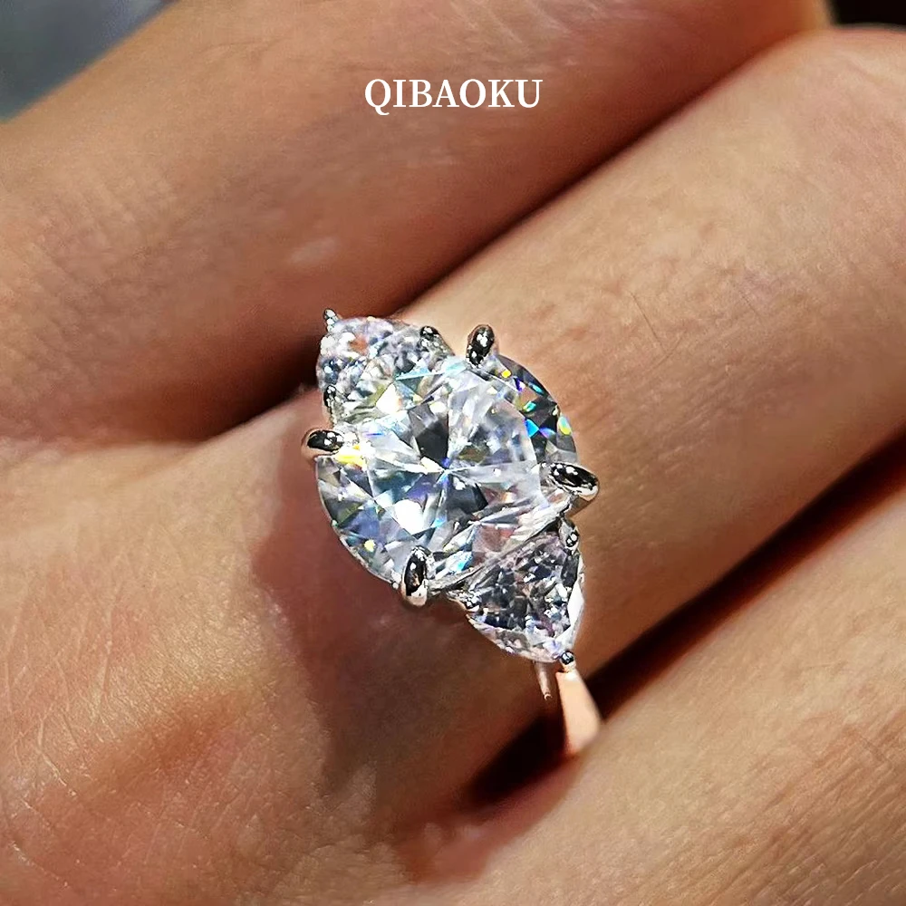 QIBAOKU 4Carat Cushion Moissanite Ring Pure S925 Silver For Women 3-Stone Triangle Side Diamond Wedding Band Jewelry Gift 2026