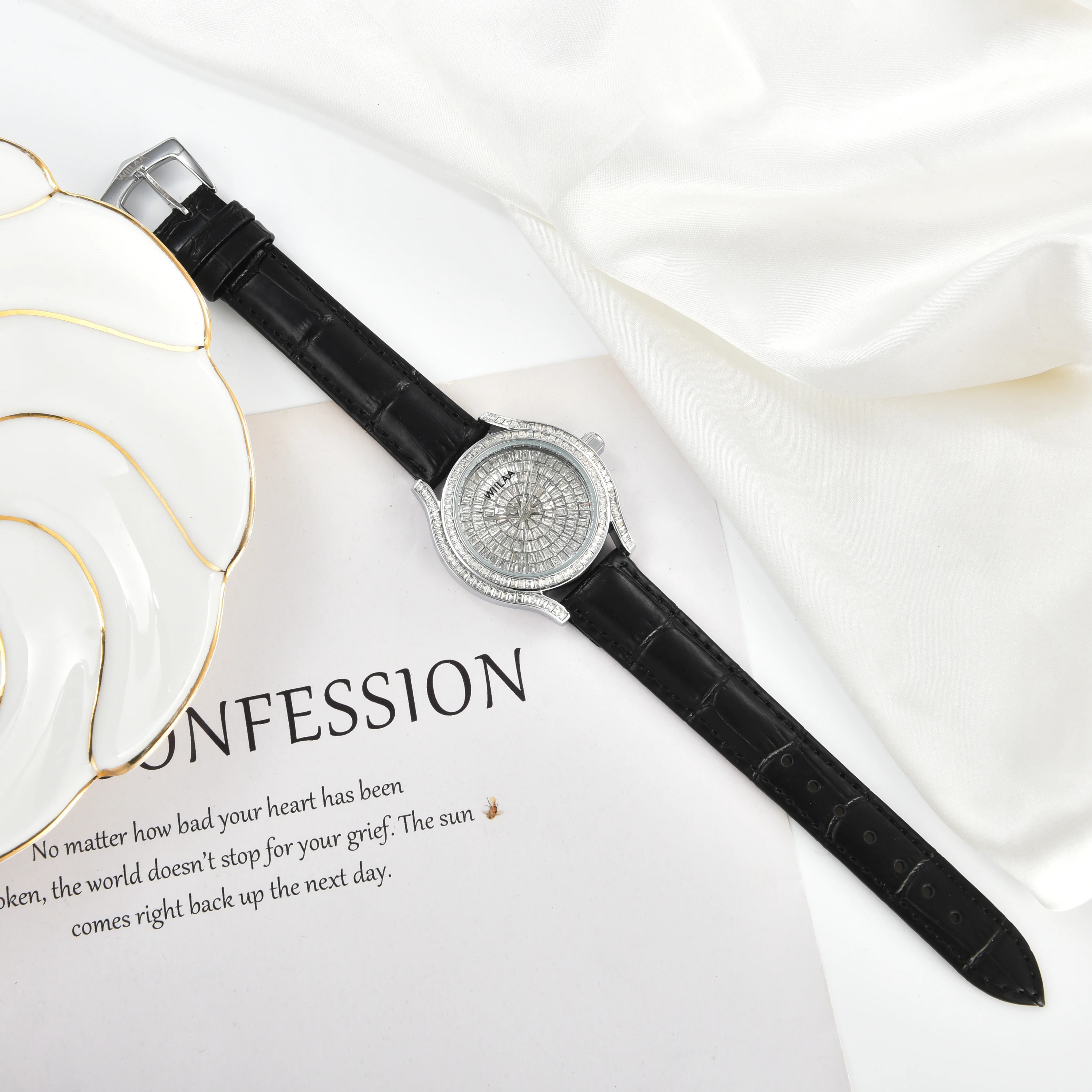 WIILAA Luxury Women's Crystal Quartz Watch - Full Baguette Rhinestone Dial Black Leather Strap Ladies Fashion Wristwatch for Par view 3