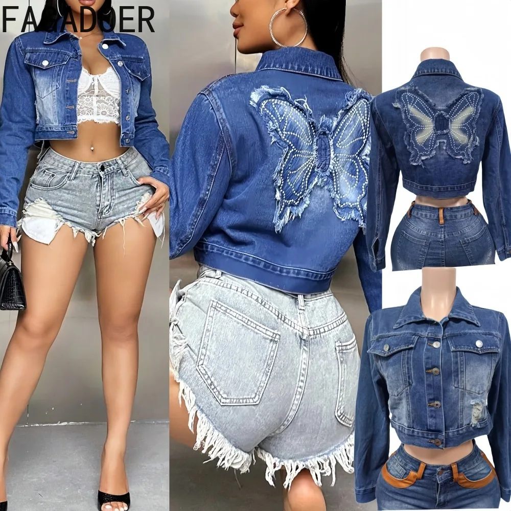 

FAGADOER Y2k винтажная модная лоскутная куртка с вышивкой бабочки, женские укороченные топы с длинными рукавами, женская уличная одежда