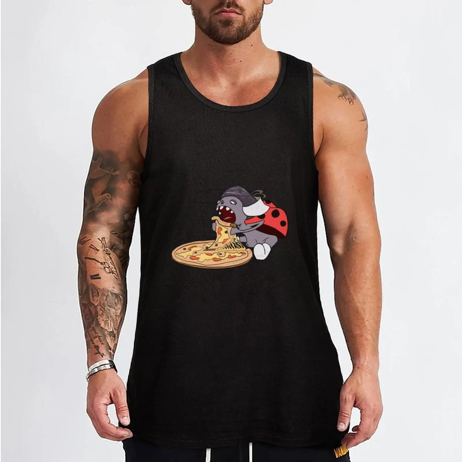 A funny ladybug in a hat and boots eats pizza. Cute food scene Tank Top anime T-shirt sports