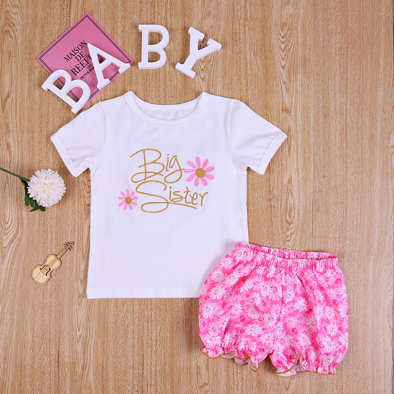 Autumn Newborn Baby Girls Clothes Sets Short Sleeve Embroider Romper Tops Floral Print Shorts Toddler Sister 2Pcs Outfits