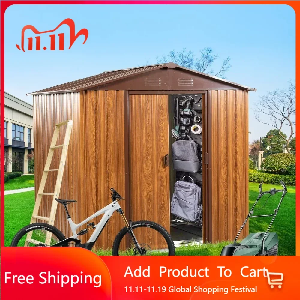 6x6 FT Outdoor Storage Shed with Floor Base & Sliding Door Lockable & Pent Roof, Large Metal Utility Tool Shed