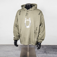 High Street Metal Logo Rivet Hole Pullover Hooded Hoodies for Men and Women Ripped Casual Loose Sweatshirts Oversized