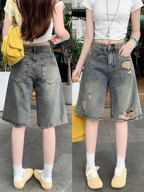 

High Waist Wide Leg Denim Shorts Women's Summer Thin Loose Faded Straight Leg Jeans Casual Wear Comfortable Cotton Pants