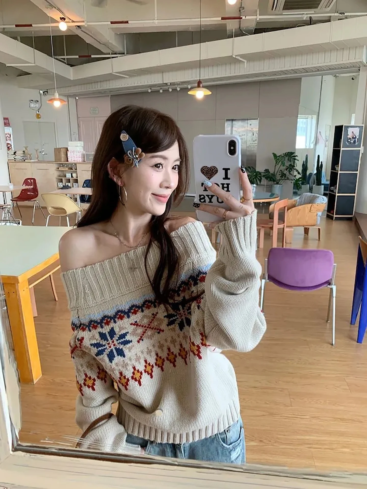 

Retro Fair Isle Knitted Loose oulder One-oulder Women's Faionable Autumn Winter New Sle Versatile Long Sve Sweater