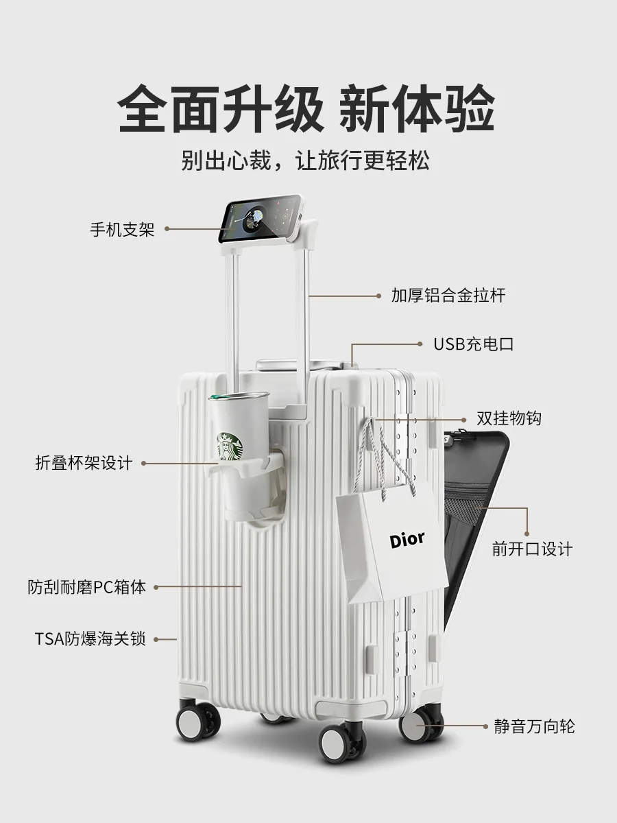 2023 Nieuwe Ontwerp Multifunctionele Open Voor Bagage Lichtgewicht Harde Koffer Reisbagage Met Usb-Oplader En Bekerhouder