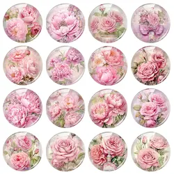 Handmade Pink Rose Flower Peony Photo Glass Cabochon Flatback Demo Flat Back Cameo For Diy Jewelry Making Supplies Accessories