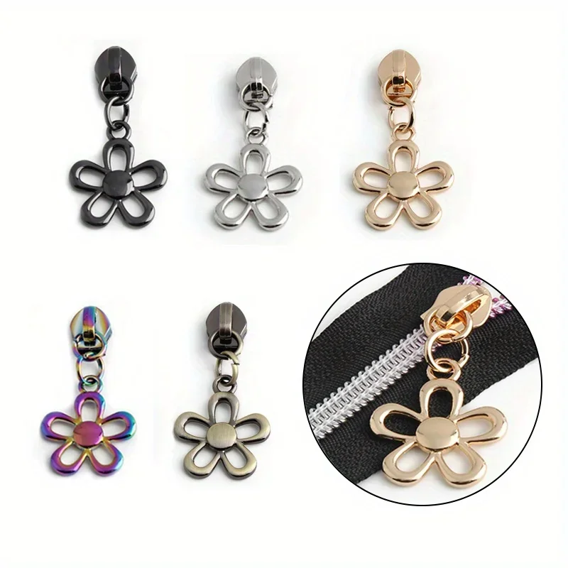 5PCS 40mm 5# nylon tooth hollow flower pendant zipper puller flower shape clothing coat luggage durable metal pull tab slider