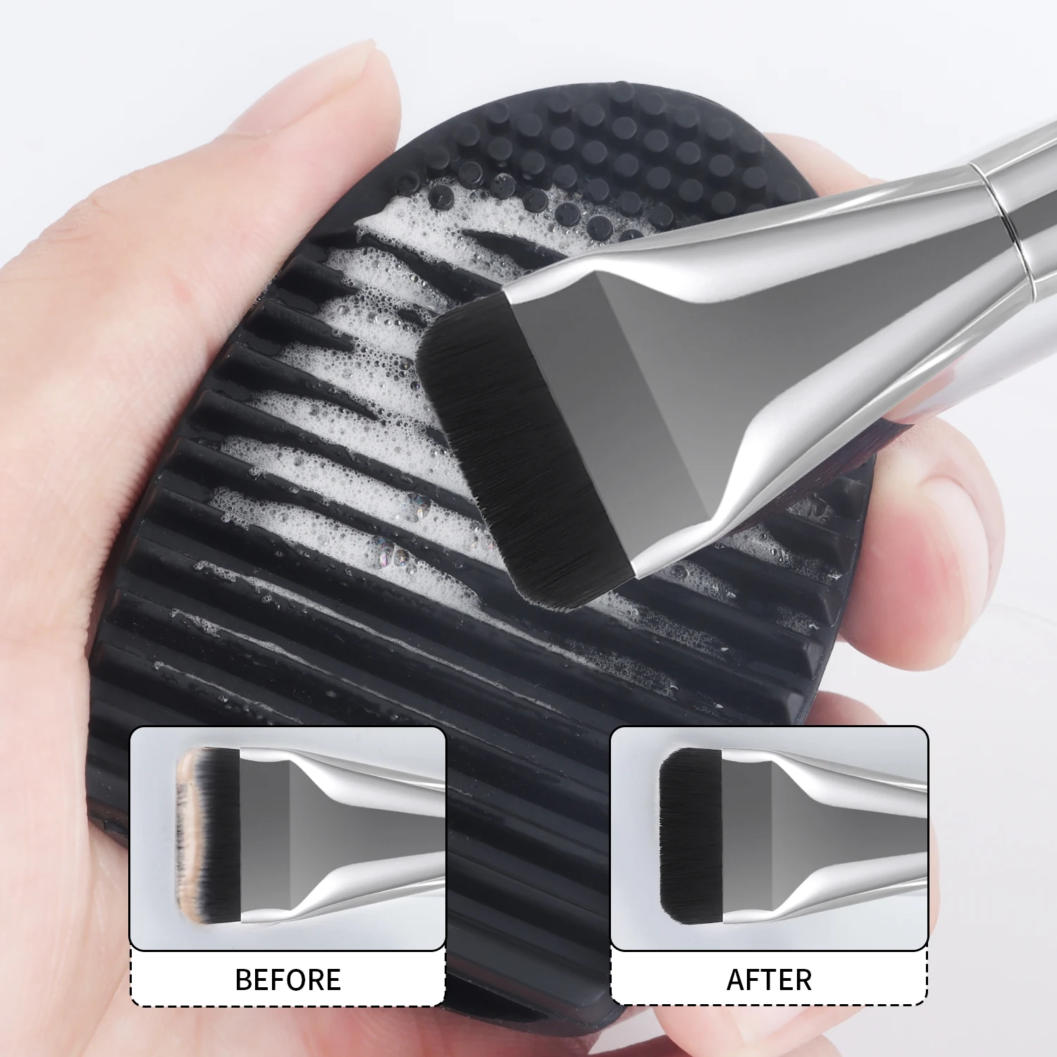 超薄型ファンデーションブラシメイクアップミキシングパレット、スパチュラ付きフラットフェイス輪郭ブラシ化粧品パフブレンダー美容メイクアップツール