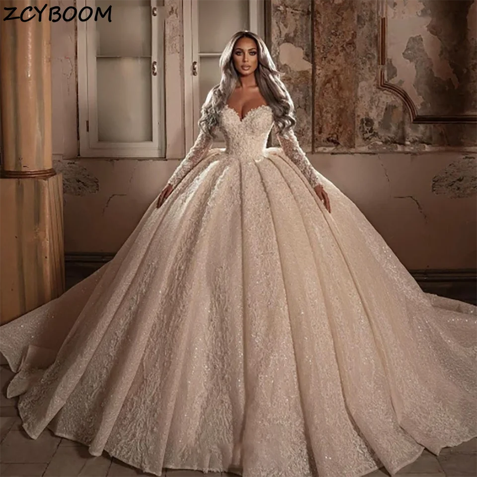 

Elegant Long Sleeves Sweetheart Lace Appliques Ball Gown Wedding Dress 2023 Backless Court Train Tulle Bridal Gowns For Women