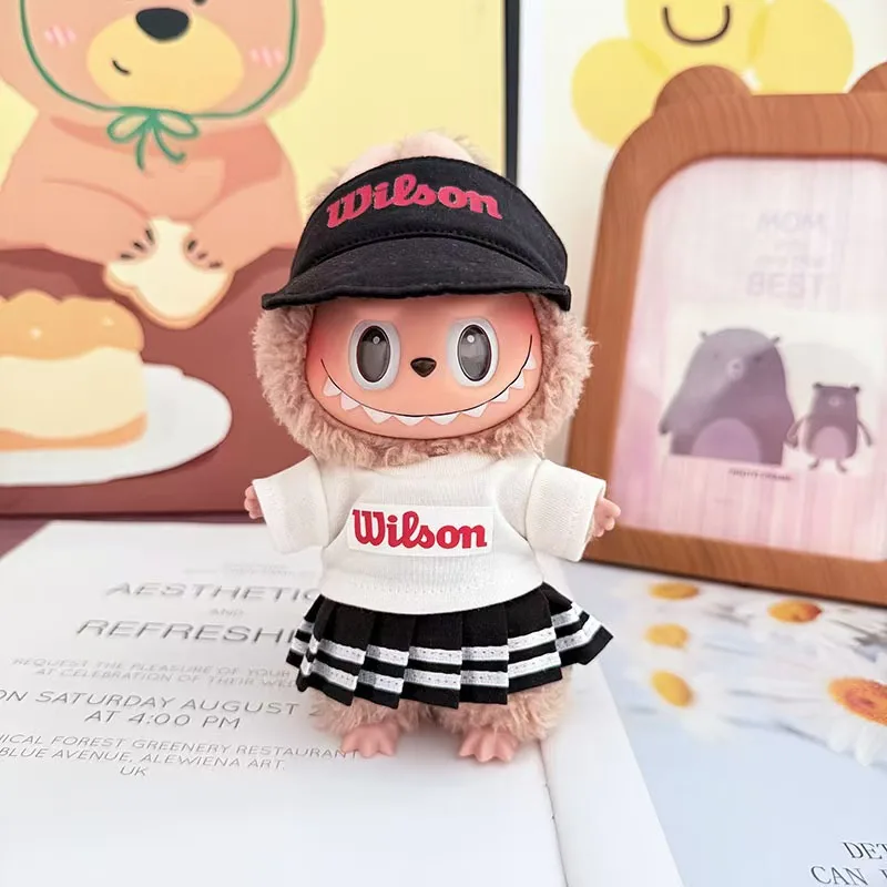 Para muñeca Labubu de 17cm, traje de tenis para V1 V2 V3, camiseta, sombrero, pantalones con Mini raqueta de pelota, ropa deportiva para accesorios de muñeca Labubu