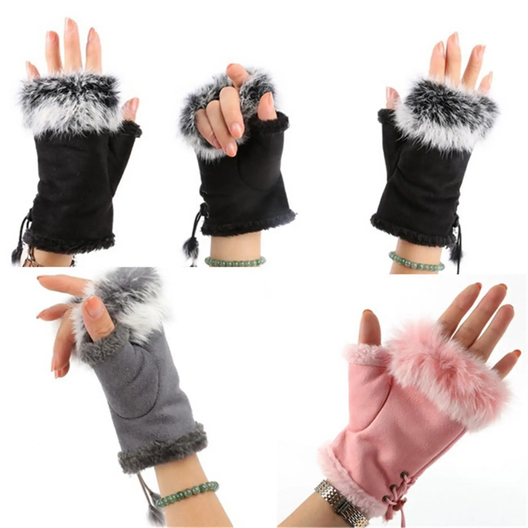 Half Finger Women Mitten Cute Plush/Suede Leather Gloves High Quality Faux Rabbit Hair Wrist Fingerless Mittens For Ladies