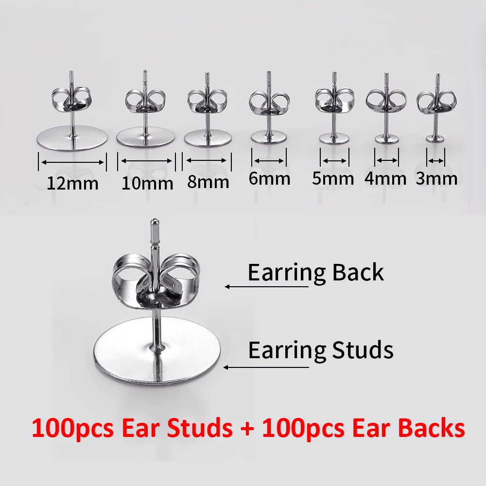 100Sets Gold Color Stainless Steel Ear Studs Earring 3-10mm Base with Earring Back Plug Jewelry Making DIY Findings Supplies