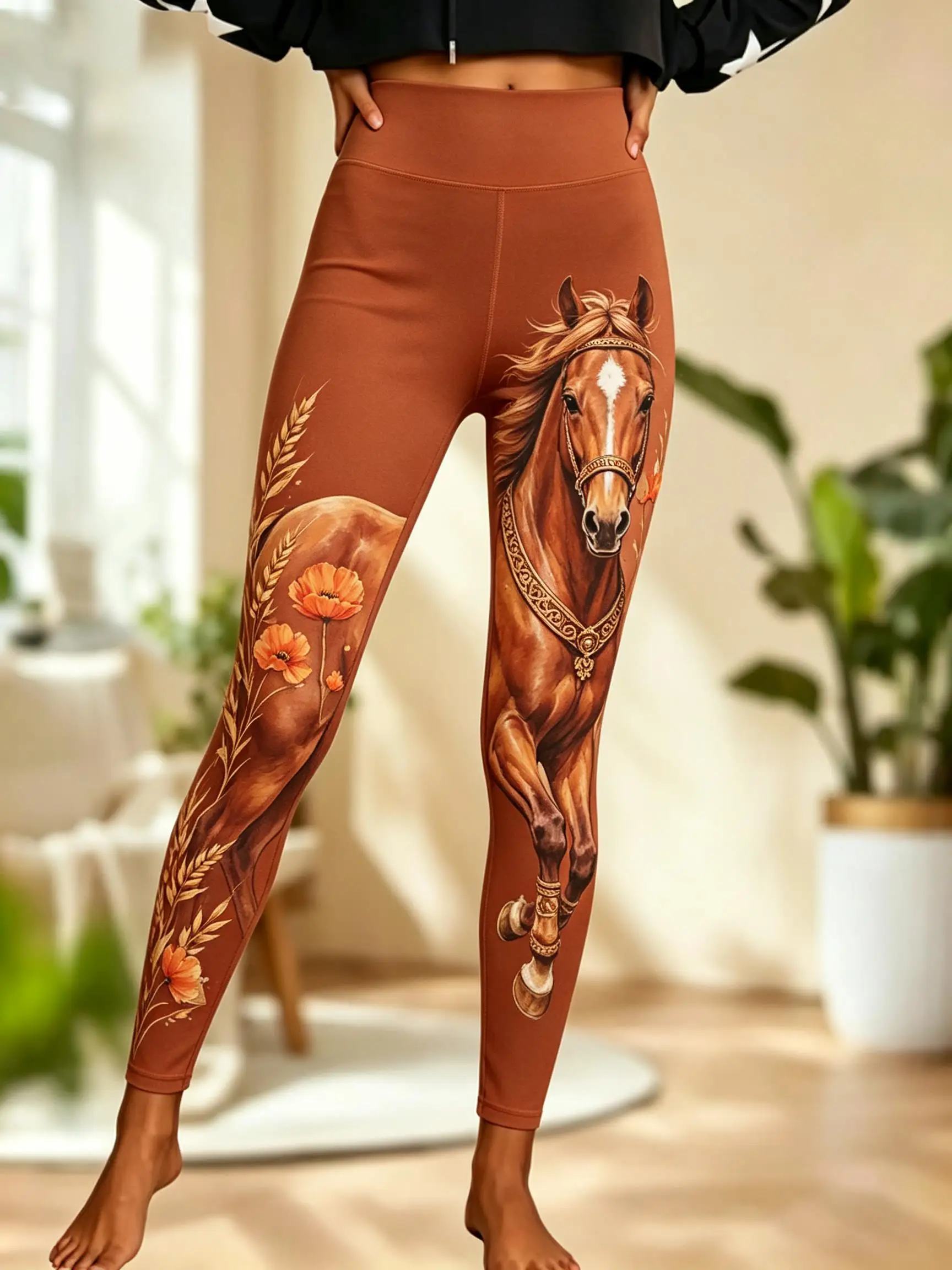Women Fleece‑lined Mid‑rise Leggings Cream Watercolor Brown Running Horse Golden Floral Leaf Print Slim Stretch  Casual Pants