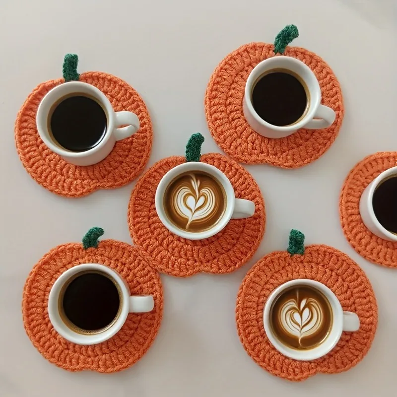 4pcs Crochet Pumpkin Coasters, Handmade Woven Fabric Drink Mats, Autumn Harvest Thanksgiving Kitchen Table Decor, Party Favors.