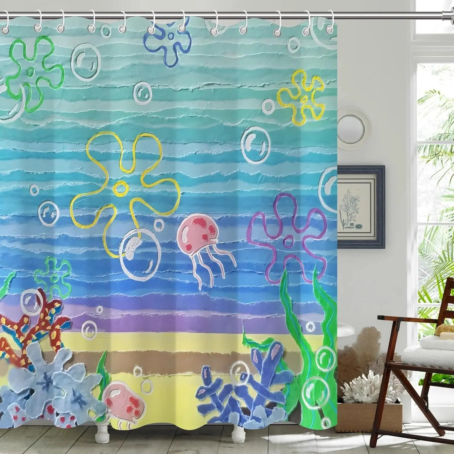 Niedlicher Strand-Ozean-Duschvorhang, Meer-Ozean-Anime-Badezimmervorhang, Lustiger Niedlicher Wasserdichter Stoff-Duschvorhang für Badezimmer