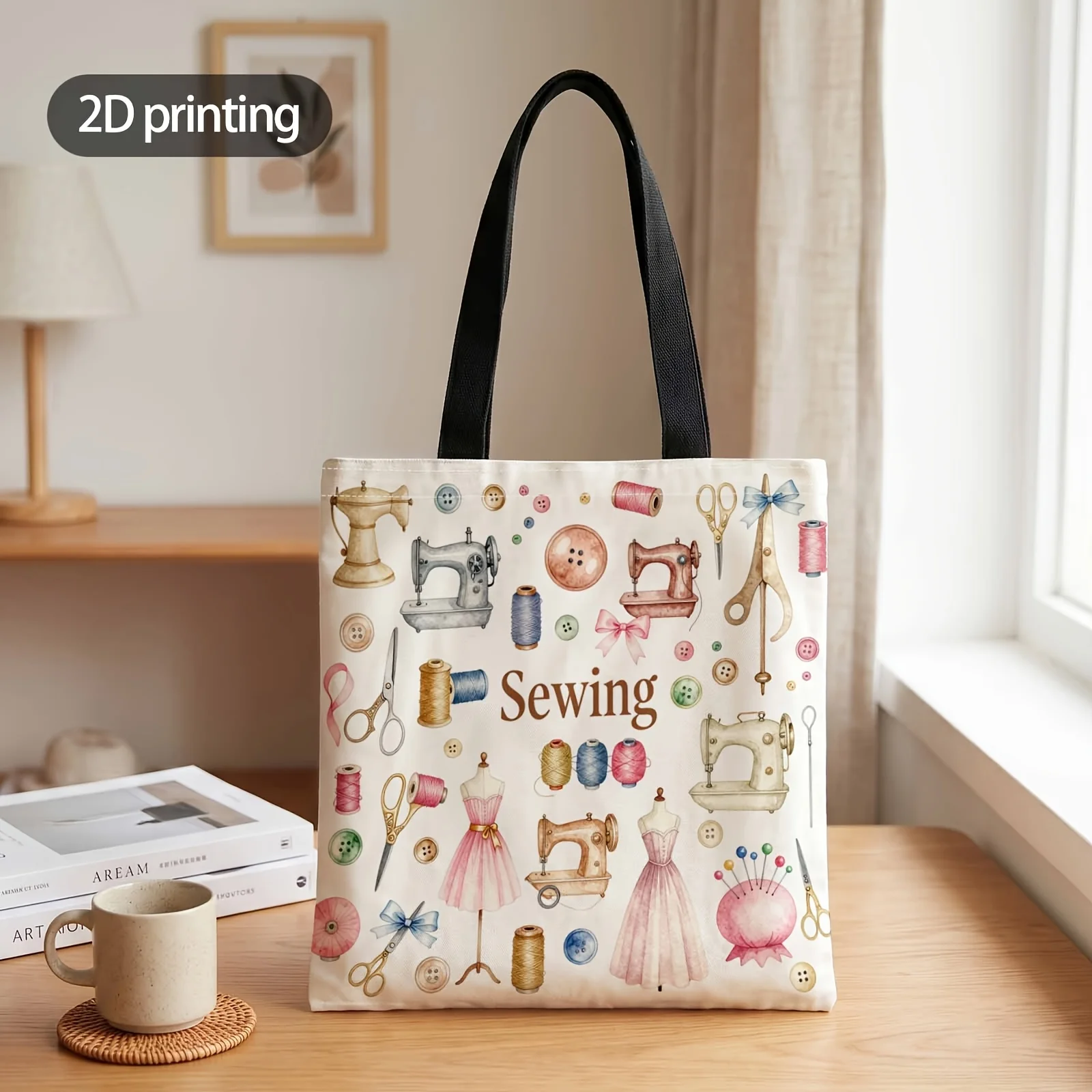 1pc 2D Printed Handbag with Sewing Dreams Come True Pattern, Reusable Fashion Shoulder Bag Handbag Shopping Tote Bag Suitable fo