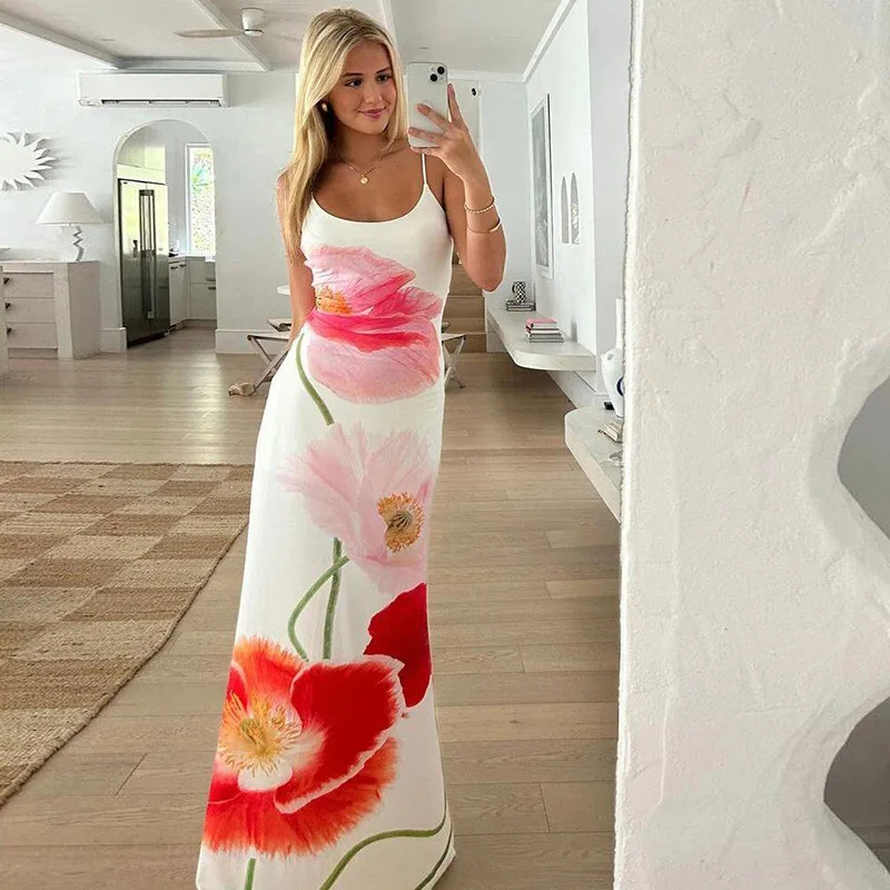 

Summer Printed Halter Dresses for Women Fashion Beach Holiday Spaghetti Backless Maxi Dress Female Elegant Party Dress New