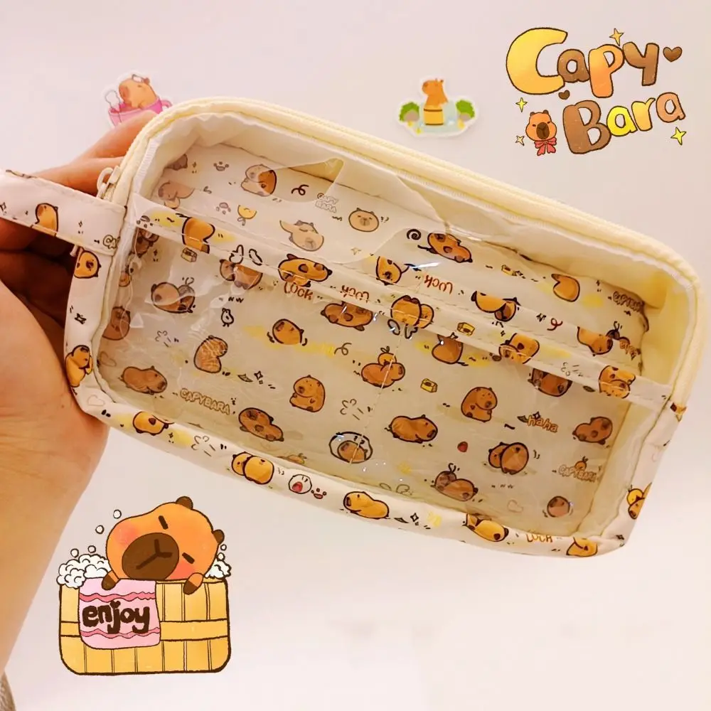 

Creative Capybara Pen Case 5 Layers with Front Pocket Cartoon Pencil Box Transparent with Pendant Zipper Pencil Pouch Stationery