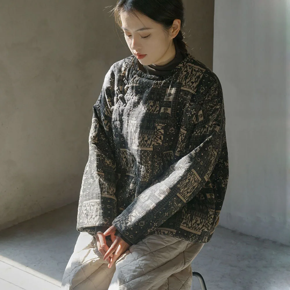 

Cotton Geometric Pattern Loose Soft Quilted Jacket Ladies Chinese National Tide Side Cardigan Buckle Loose Short Outwear Winter