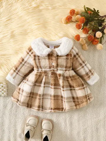 Baby Girl Plush Plaid Faux-Fur Dress with Peter Pan Collar – Winter Holiday Outfit