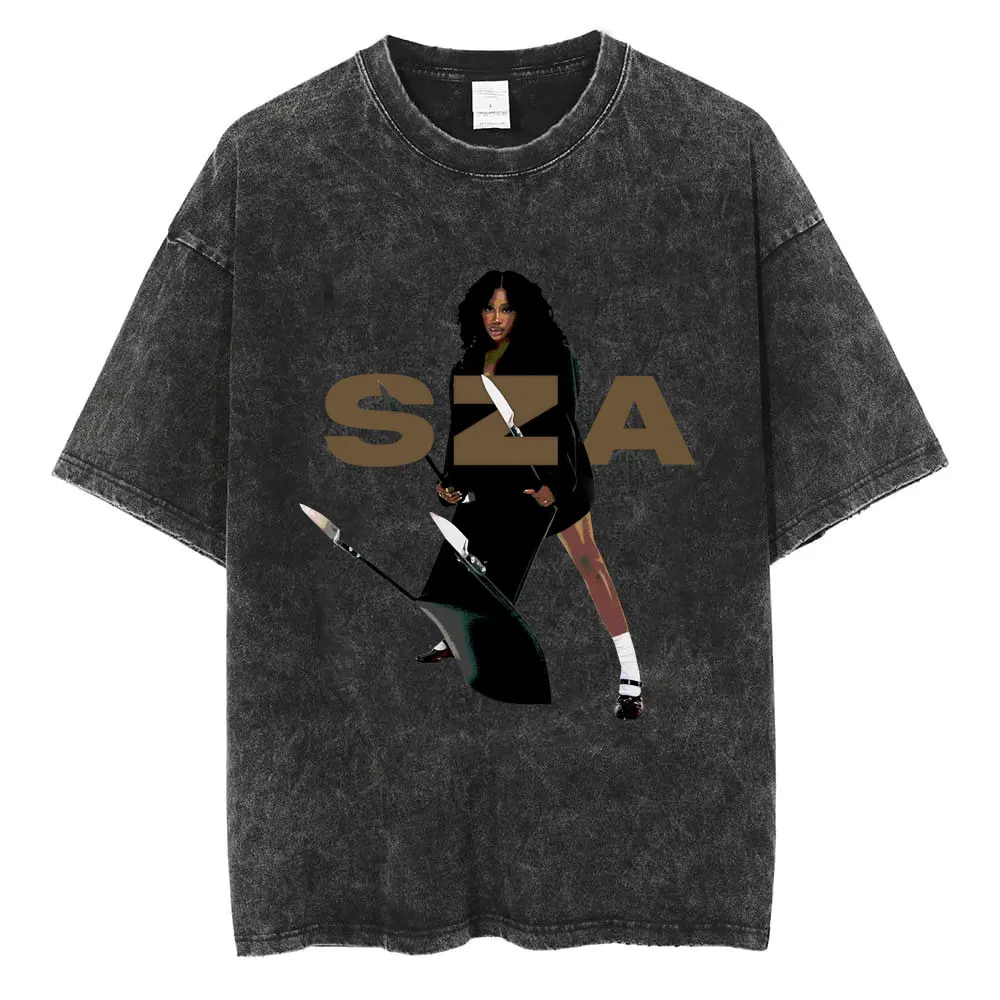 Limted Rapper SZA CTRL SOS Washed Fashion T Shirt Vintage Men Women T-shirt Oversized Hip Hop Cotton Popular T Shirts Streetwear