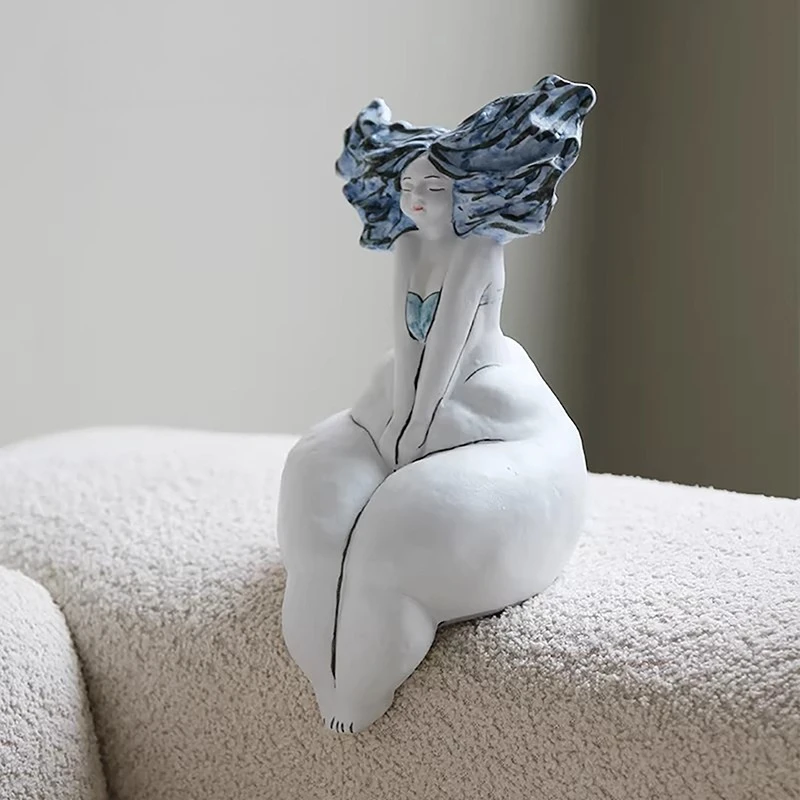 Home Decor Handmade Abstract Figure Seaside Blue Girl Statue Ceramic Sculpture Porch Creative Art Decoration Handicraft Ornament