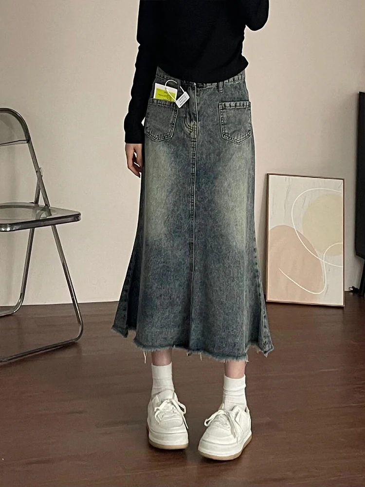 

Retro High Waist Denim Skirt Women's Mid-Length A-Line Skirts with Frayed Hemlines for plus Size Pear aped Body