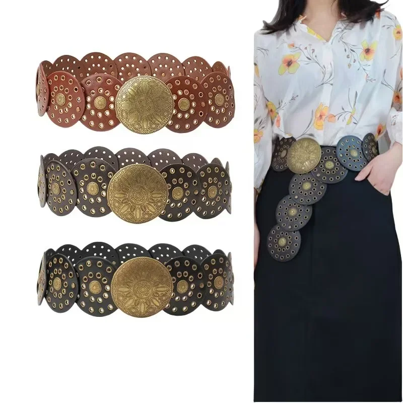 Vintage Distressed Round Buckle Belt – Ethnic Hollow-Out Waist Cincher for Women, Retro Party & Western Costume Accessory