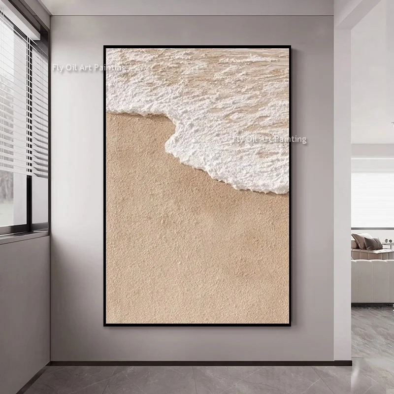 Thick Textured Hand‑Painted Coastal Oil Canvas, 3D Relief Beach Wave Art, Boho Neutral Tone Vertical Wall Hanging Decor