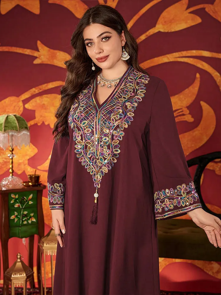 TOLEEN Damen-Kleid in Übergröße mit V-Ausschnitt und langen Ärmeln, elegantes und locker sitzendes, besticktes Kleid für den täglichen Freizeitgebrauch – Detail 3