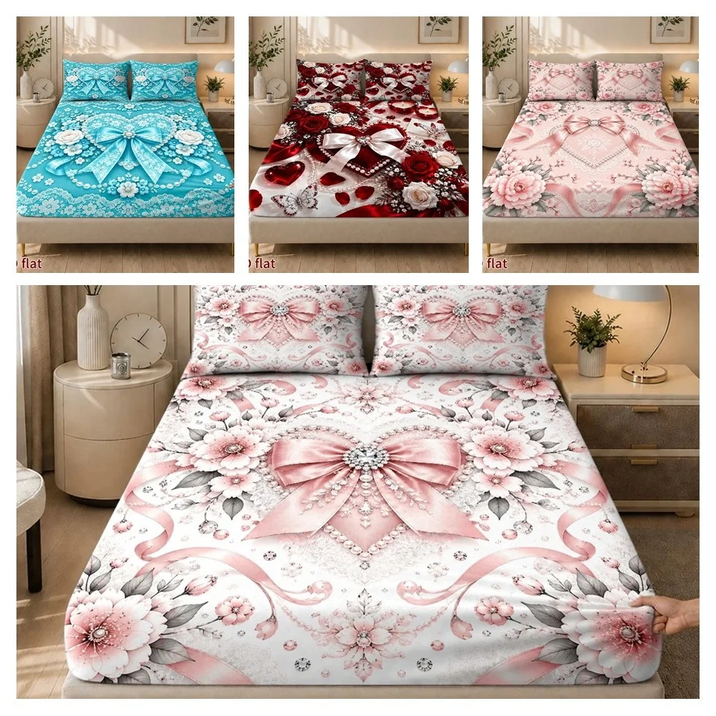 Modern Rose Heart-Shaped Decoration, Baroque Court Style Printed Matte Fitted Sheet, Bedroom Printed Bed Cover, Bedding (Including Pillowcases)