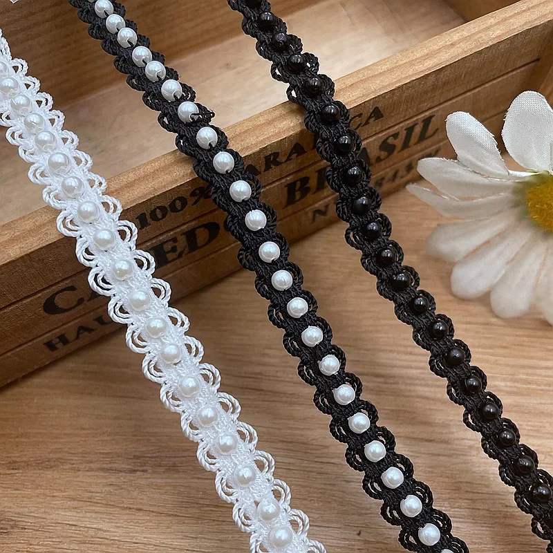 5 Yards Black White Pearl Lace Trim Sew on Elastic Beaded Webbing Ribbon for Collar Girls Dress Apparel Applique Diy