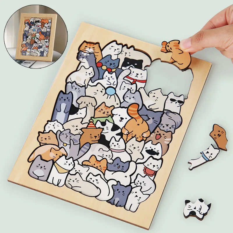 50pcs Wooden Cat Puzzles Cute Animal Puzzles Dog Puzzles Panda Puzzles Creative Cartoon Puzzles For Gifts